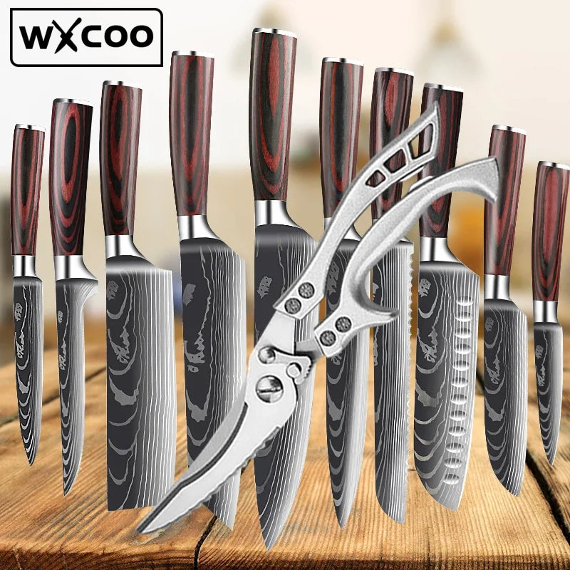 WXCOO Kitchen Scissors Japanese Chef Knife Set Stainless Steel Meat Fruit Bread Boning Knife Butcher Cleaver Fish Santoku Knives