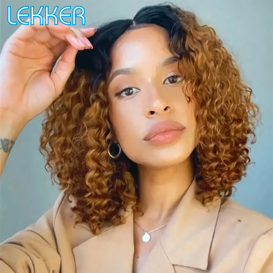 Lekker Ombre Blonde Curly Bob 13X1 T Part Lace Human Hair Wig For Women Brazilian Remy Hair Glueless Burgundy Red Loose Deep Wig