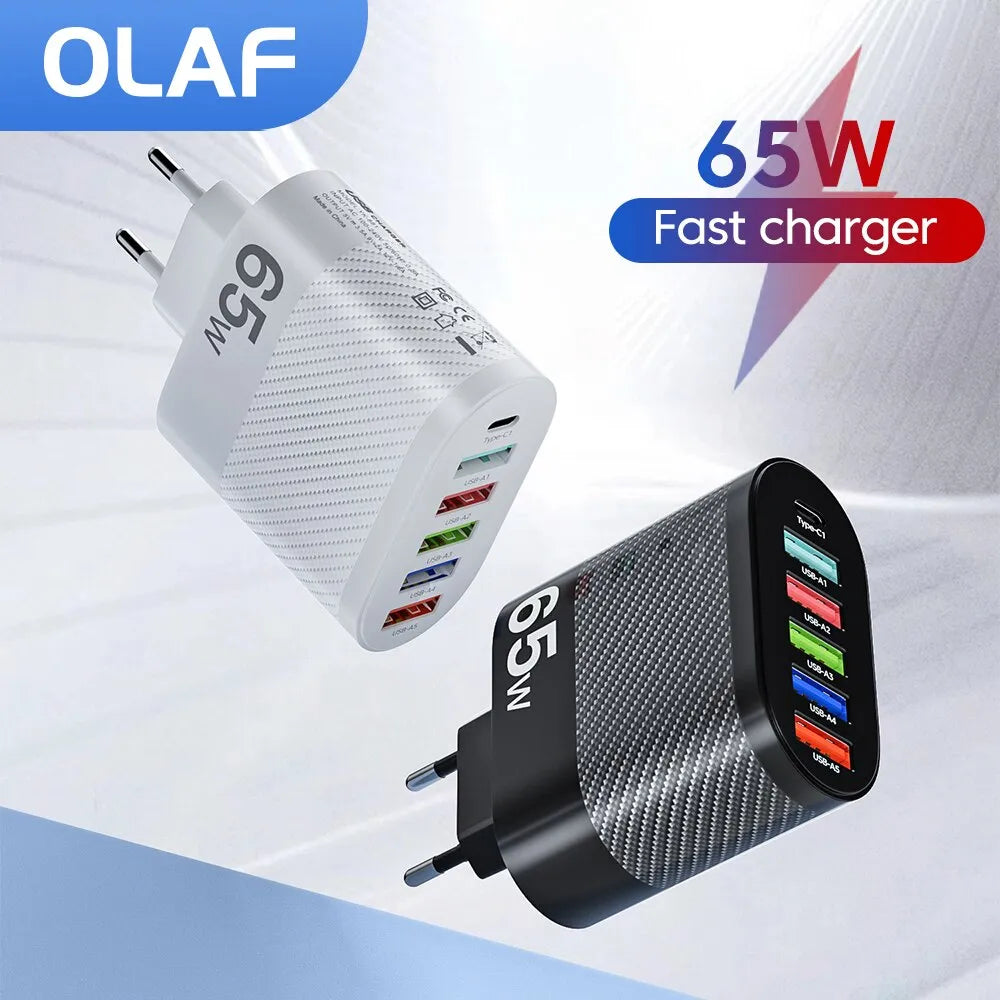 Olaf 65W 5Ports USB Charger PD Charging Adapter For Xiaomi iPhone 13 Samsung Mobile Phone Plug Charging QC 3.0 Wall Charger